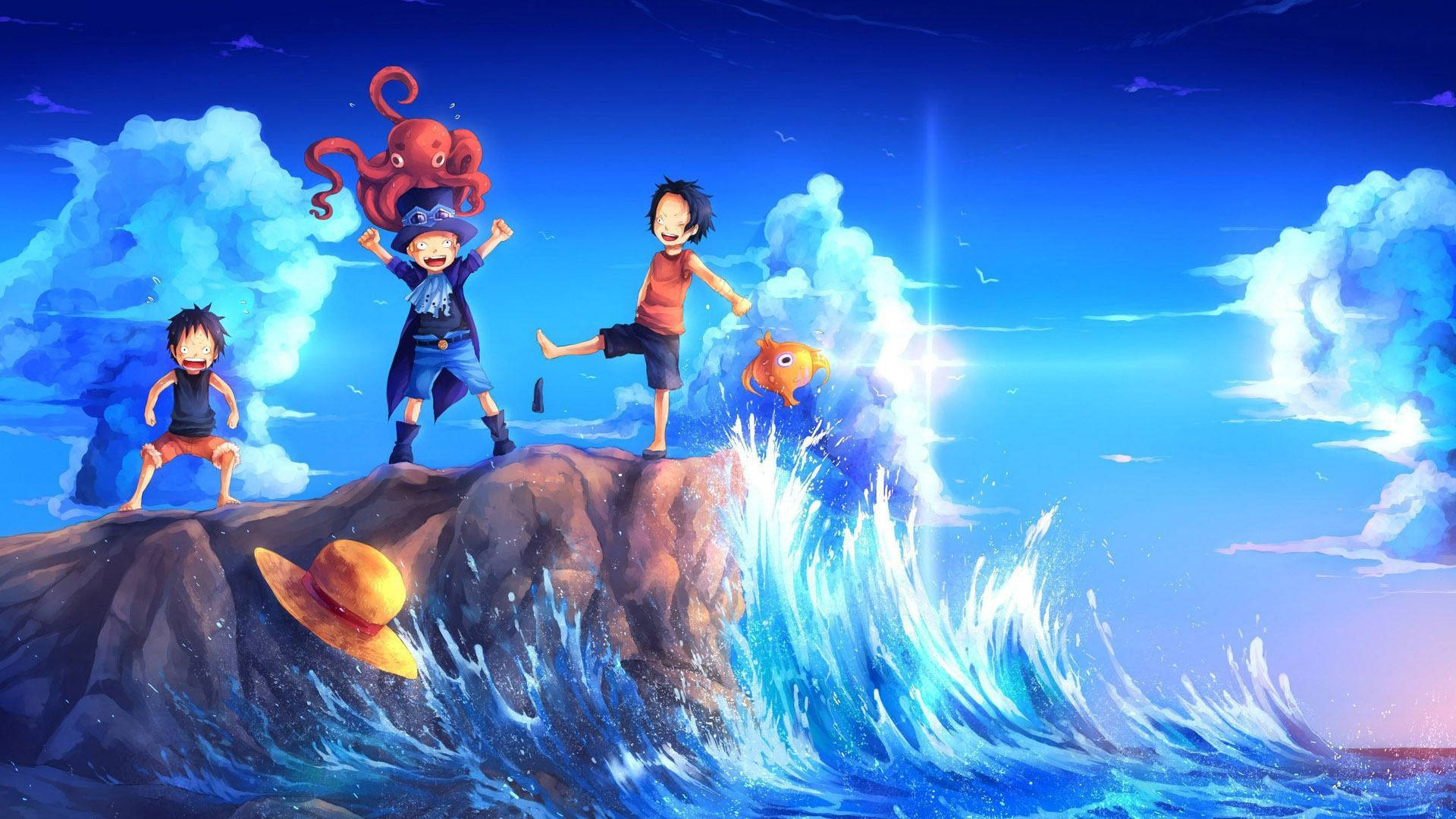 Обои с векторным артом One Piece: маленькие Луффи, Портгас и Сабо играют у океана.