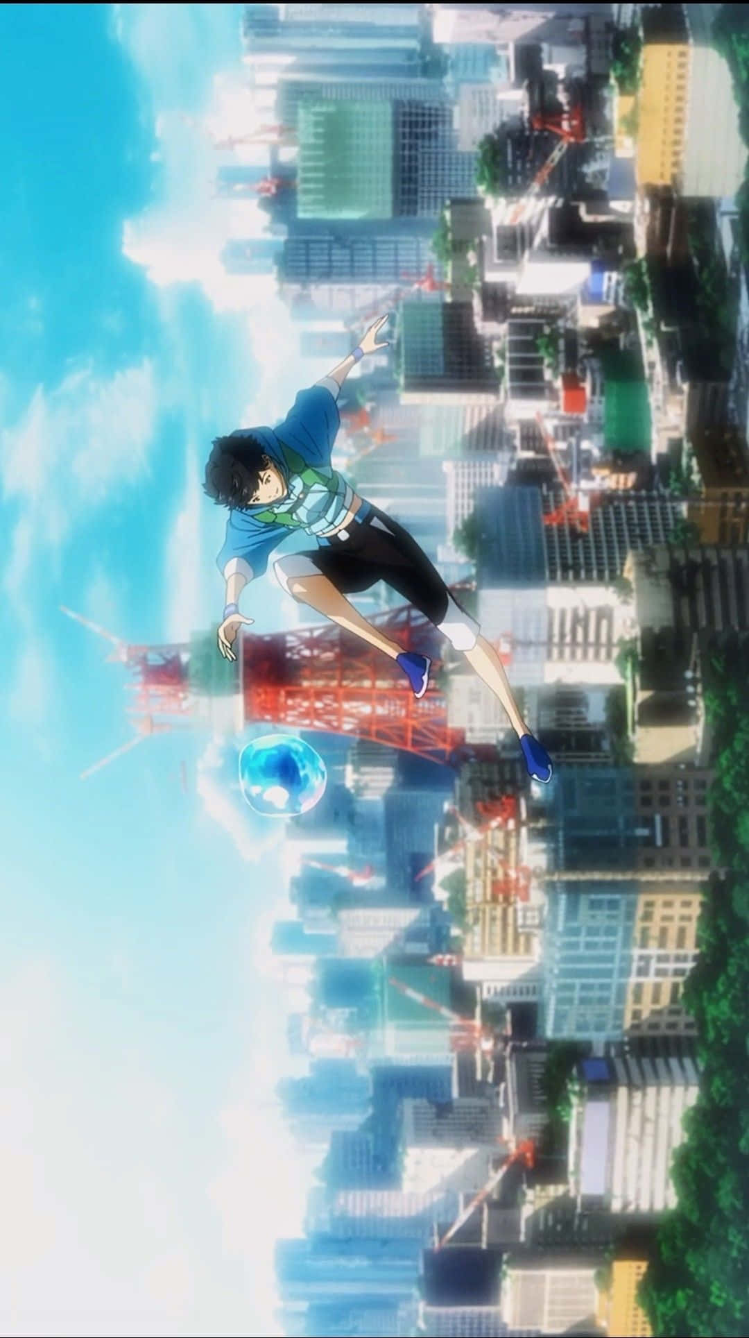 Мальчик прыгает в городе с пузырем аниме портрет Обои