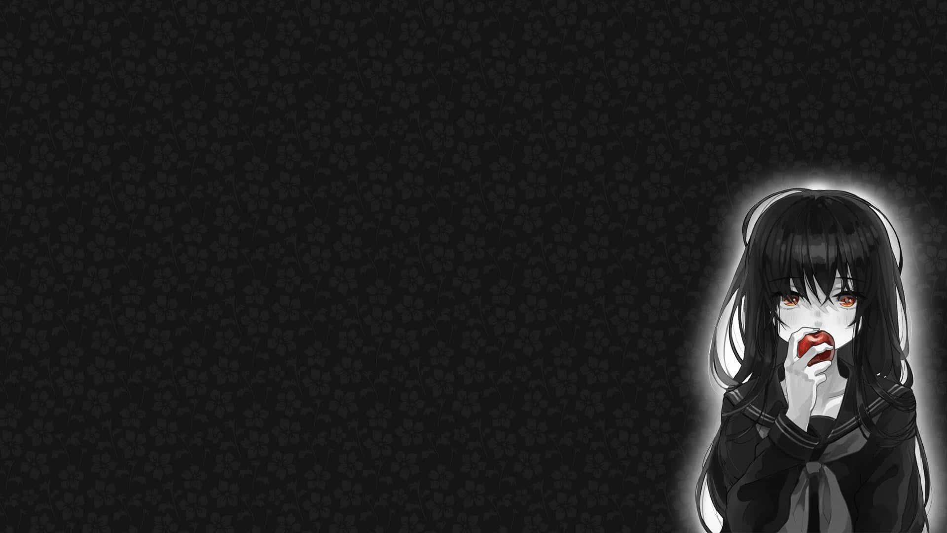 Милая тёмная аниме-девушка, кусающая яблоко Обои