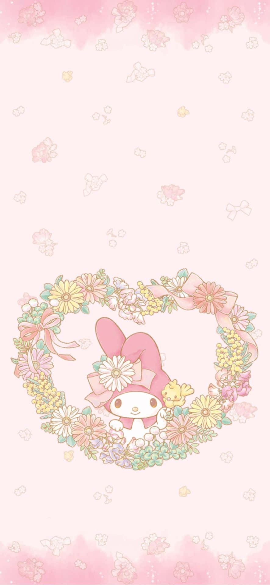 Милый My Melody в цветочной рамке-сердце Обои