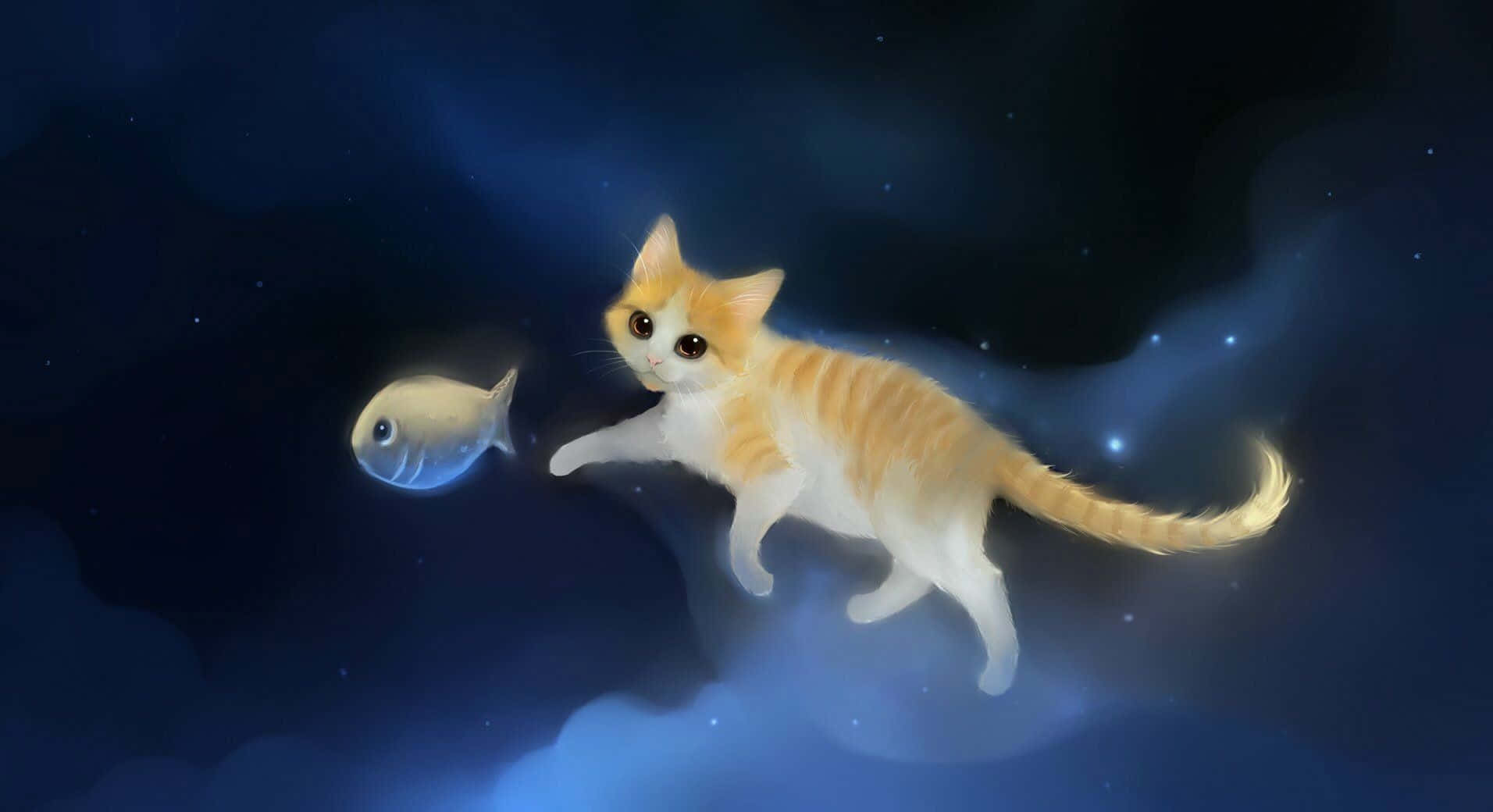 Милый аниме-котёнок играет с бабочкой Обои
