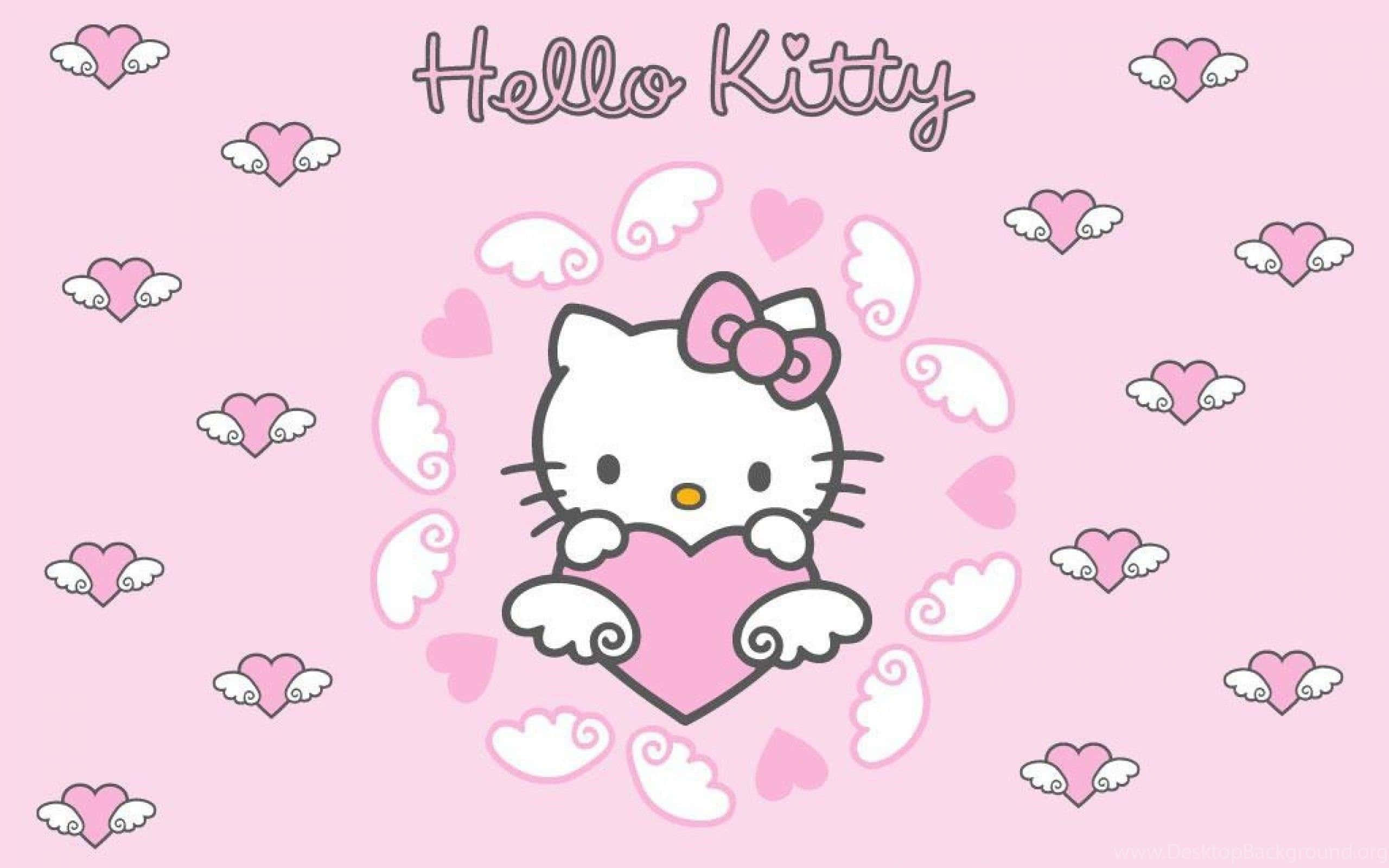 Милый розовый Hello Kitty с крыльями и сердцем Обои