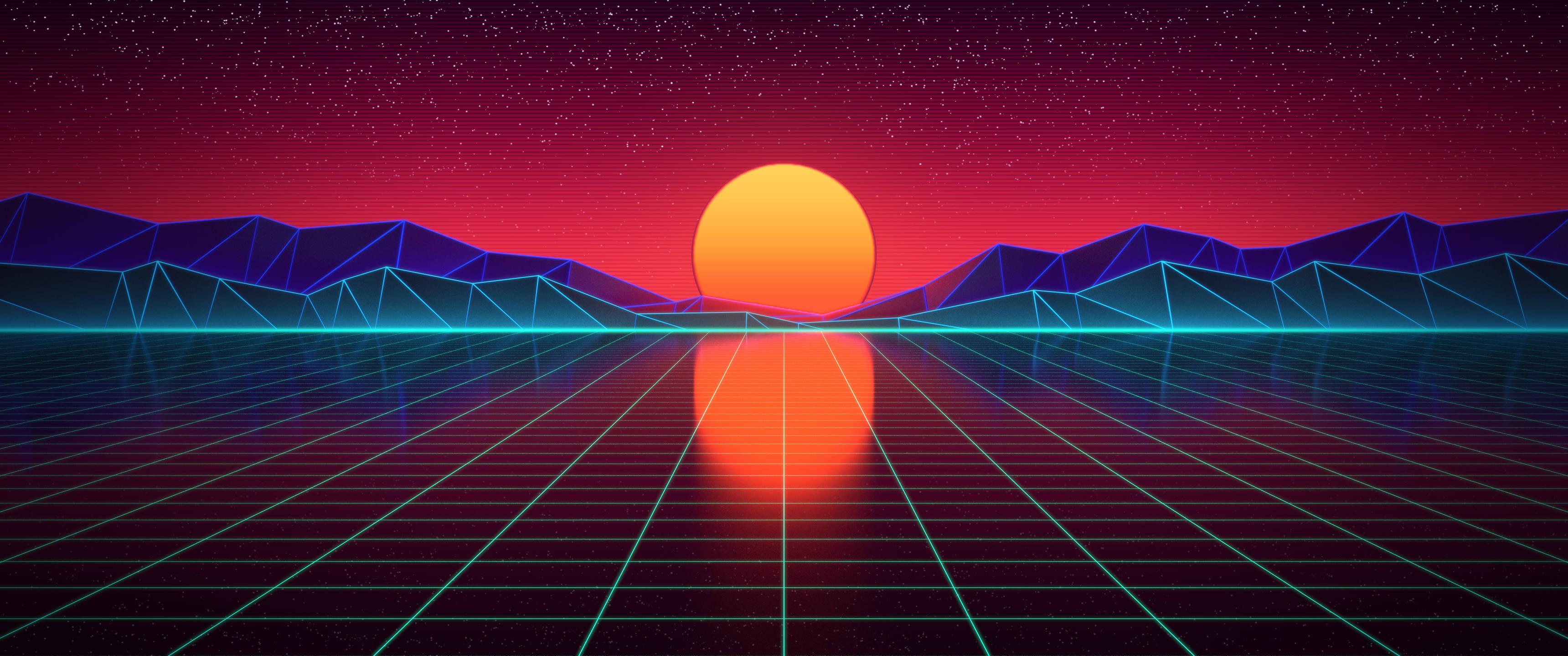 Минималистичный пейзаж в стиле синтвейв 3440x1440 Обои
