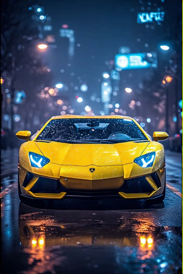 Неоновая желтая Lamborghini ночью в футуристическом городе 4K портретные обои