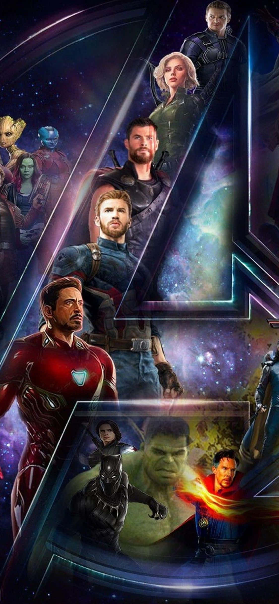 Обои iPhone XS Avengers с логотипом и героями Marvel Обои