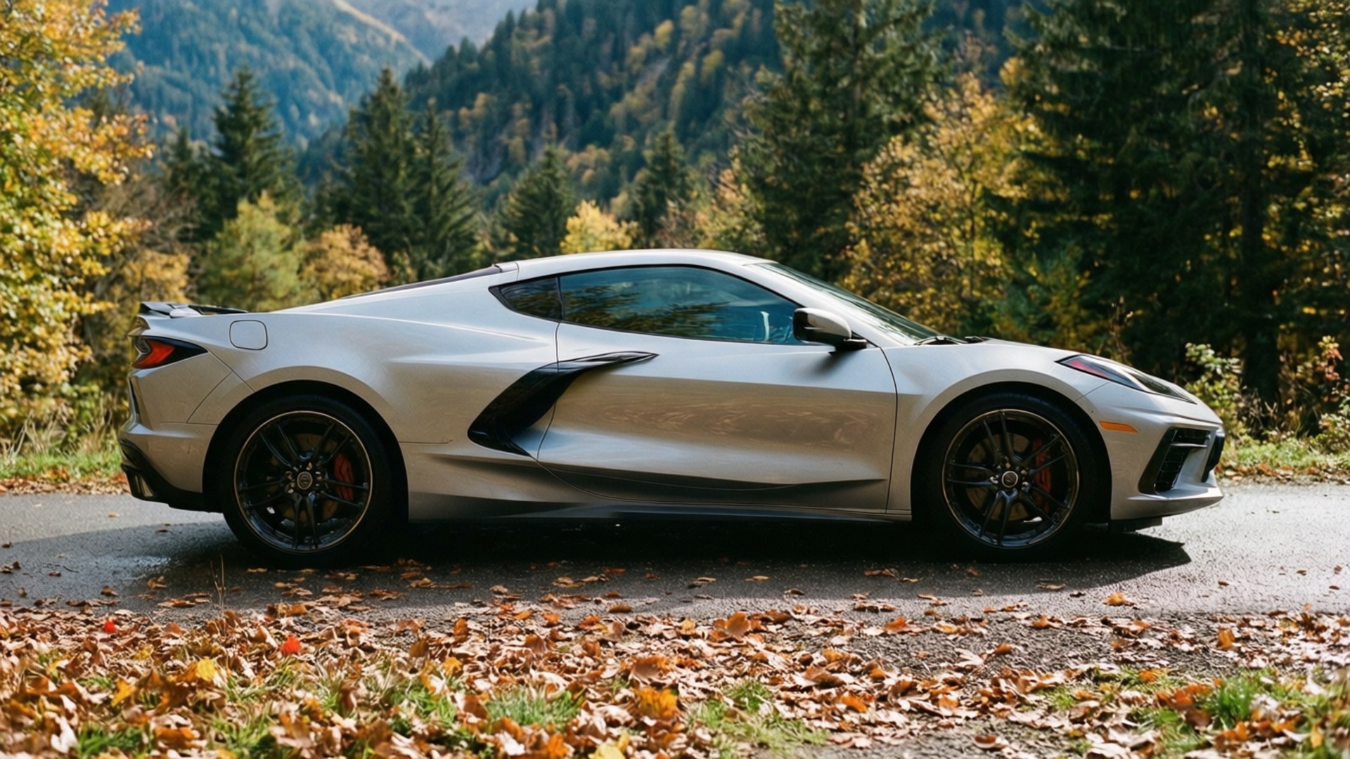 Chevrolet Corvette C8 на горной дороге в осеннем пейзаже.