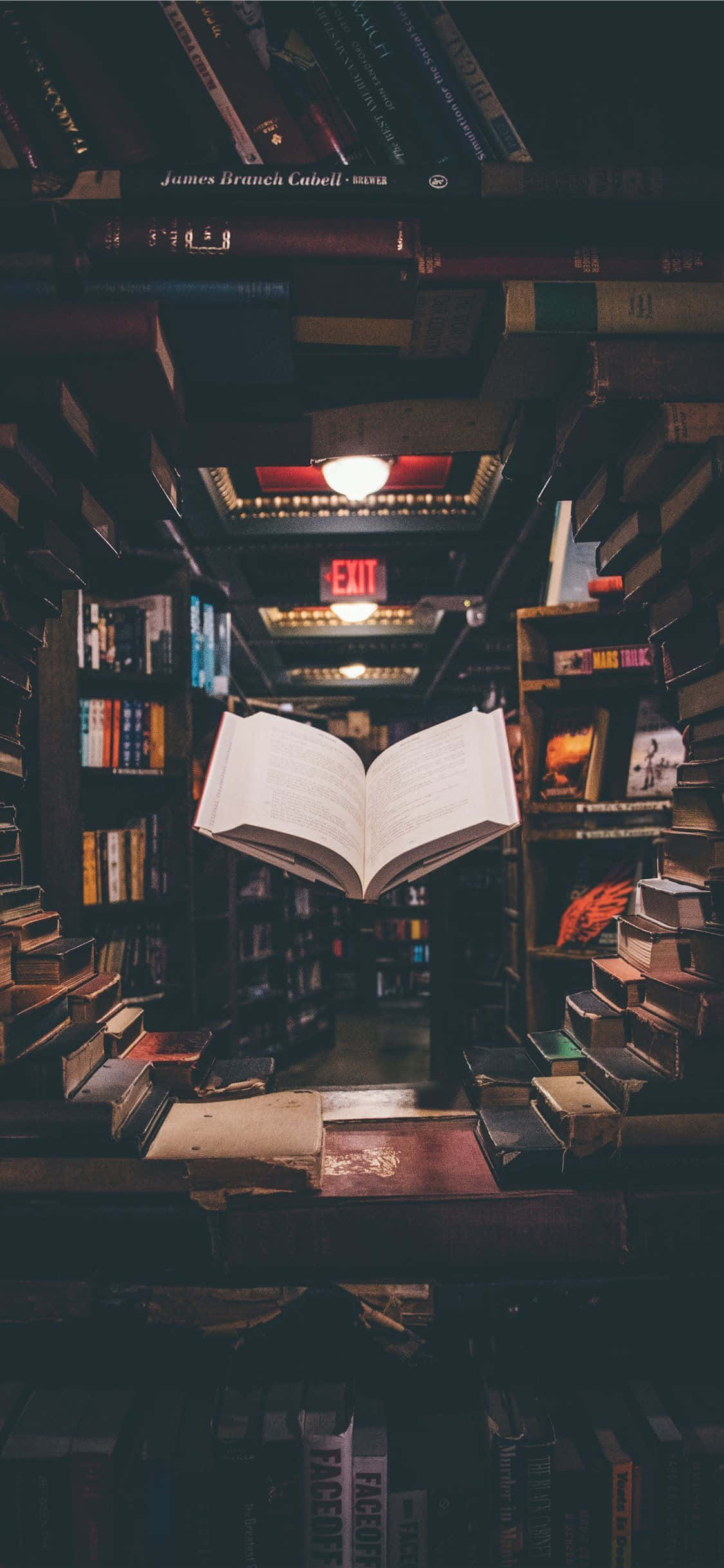 Открытая книга на полке в книжном магазине Обои