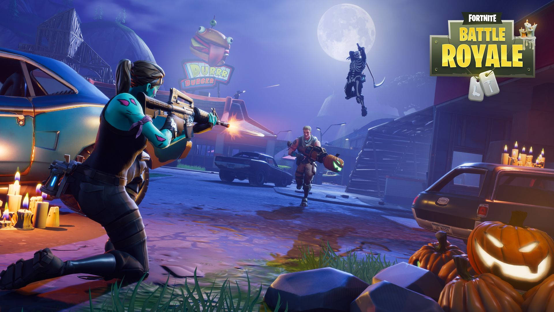 Ночная битва между тремя персонажами в Fortnite, обои.