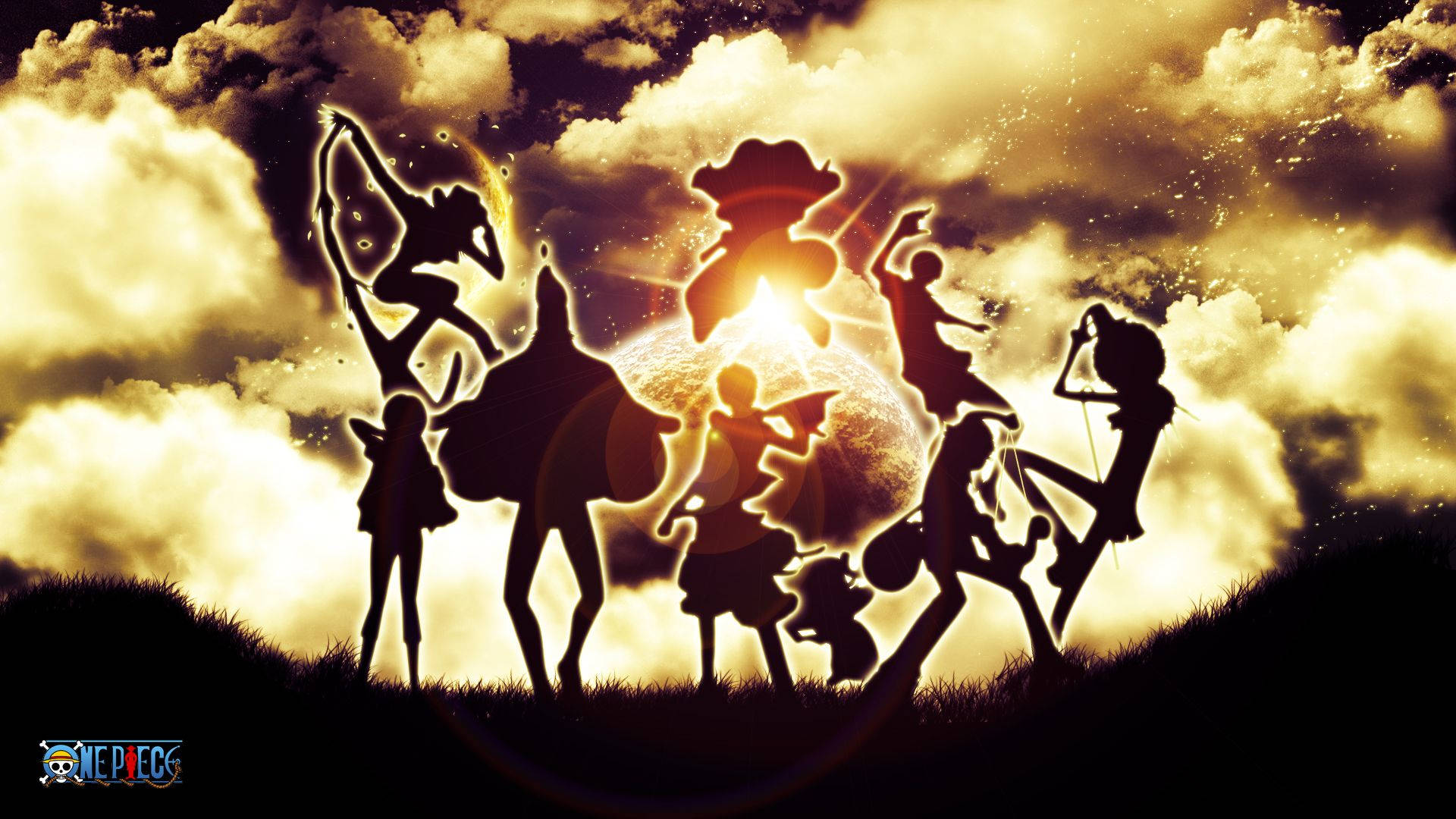 Обои с силуэтом команды Пиратов Соломенной Шляпы из One Piece на фоне яркого света.