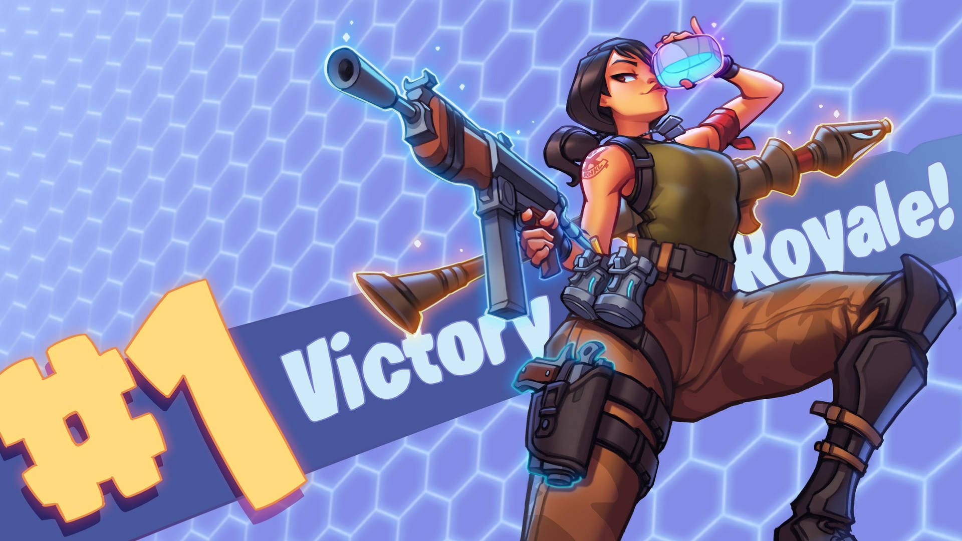 Женский персонаж из Fortnite с оружием и зельем щита обои