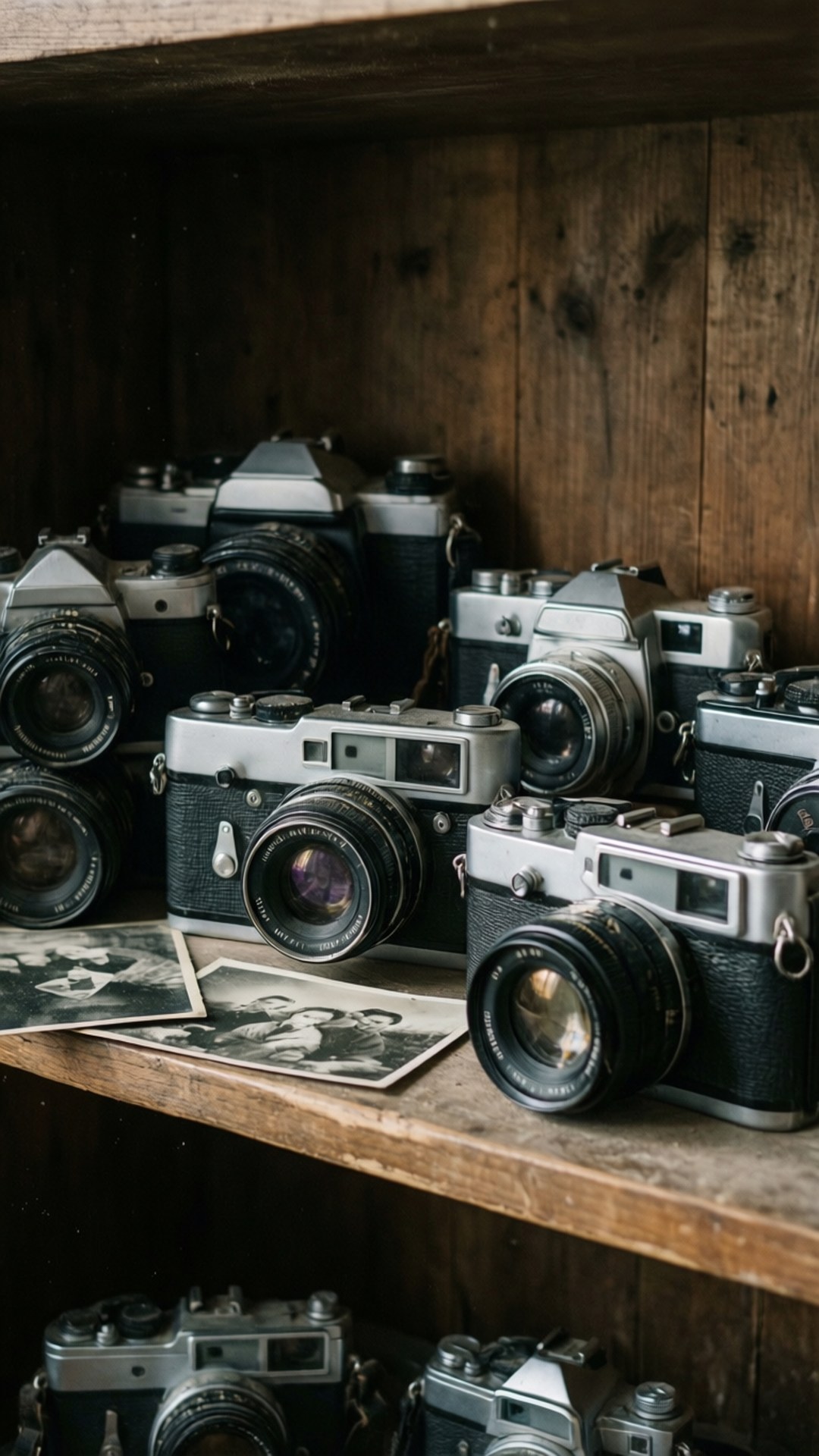 Полка с винтажными фотоаппаратами Обои