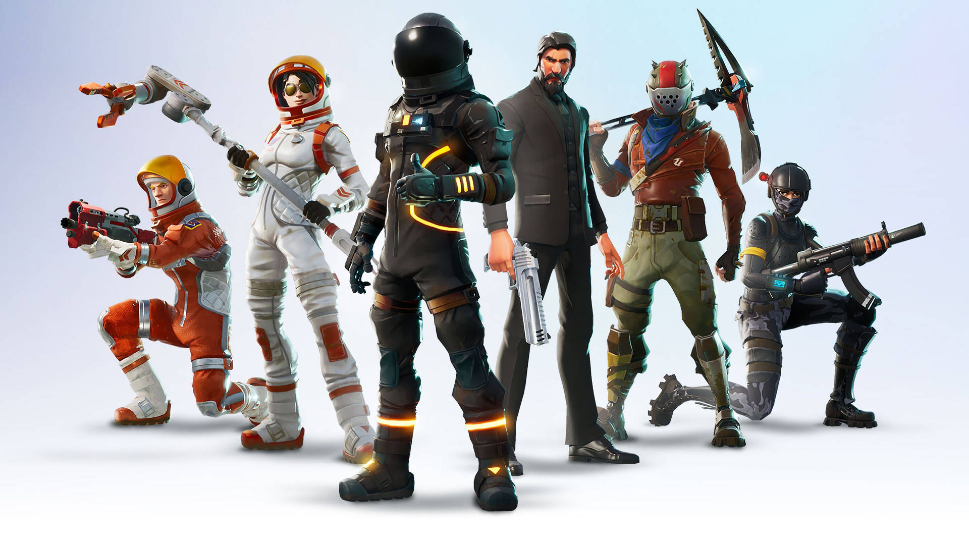 Шесть крутых персонажей с кино-скинами из игры Fortnite на белом фоне HD обои