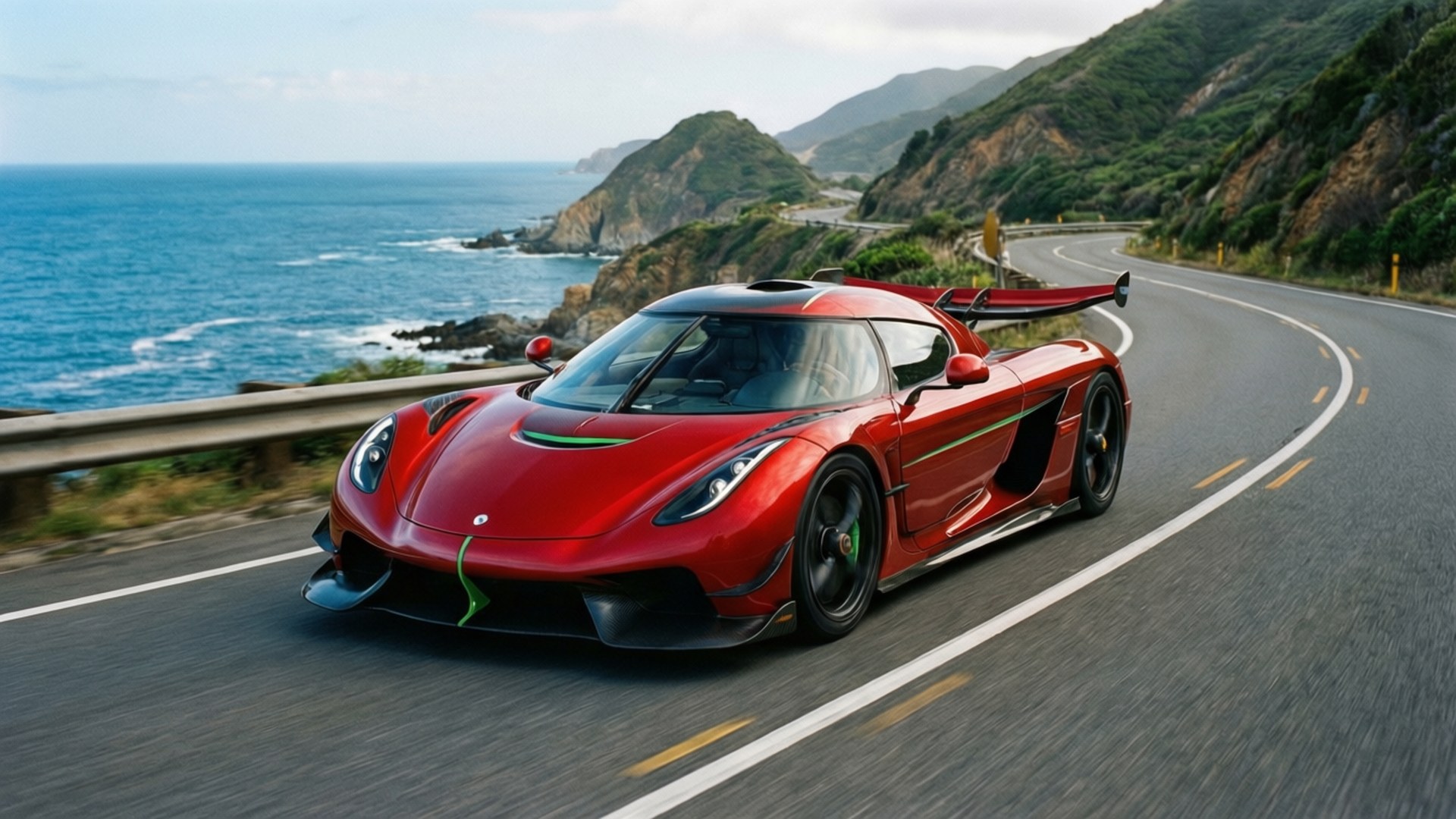 Красный Koenigsegg Regera вписывается в прибрежный поворот с океаном и холмами.