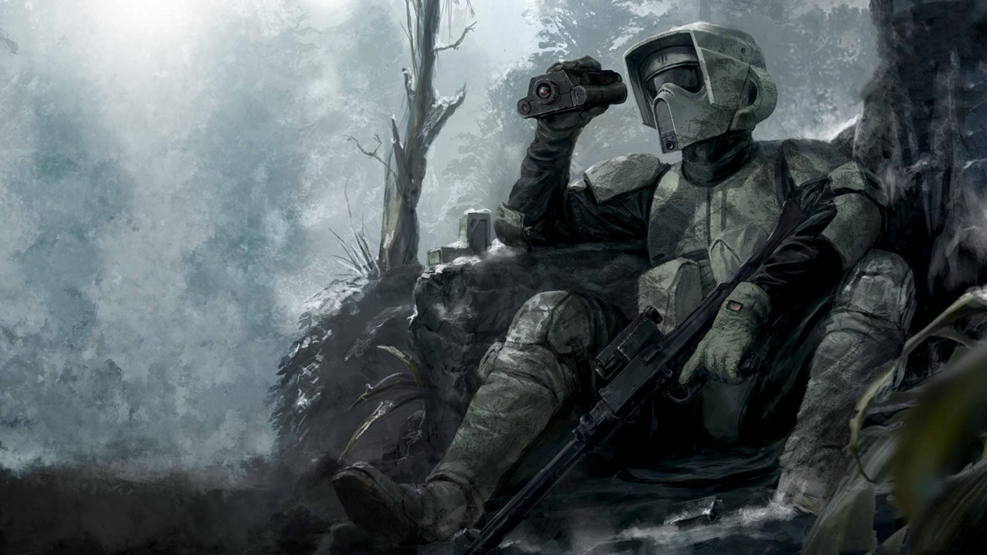 Обои «Звёздные войны» с отдыхающим и наблюдающим за полем боя штурмовиком