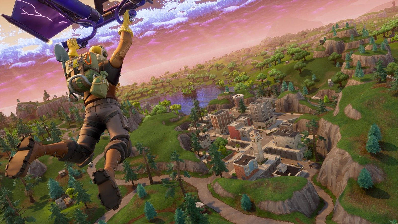 Мужской персонаж планирует к зданию в обоях Fortnite.