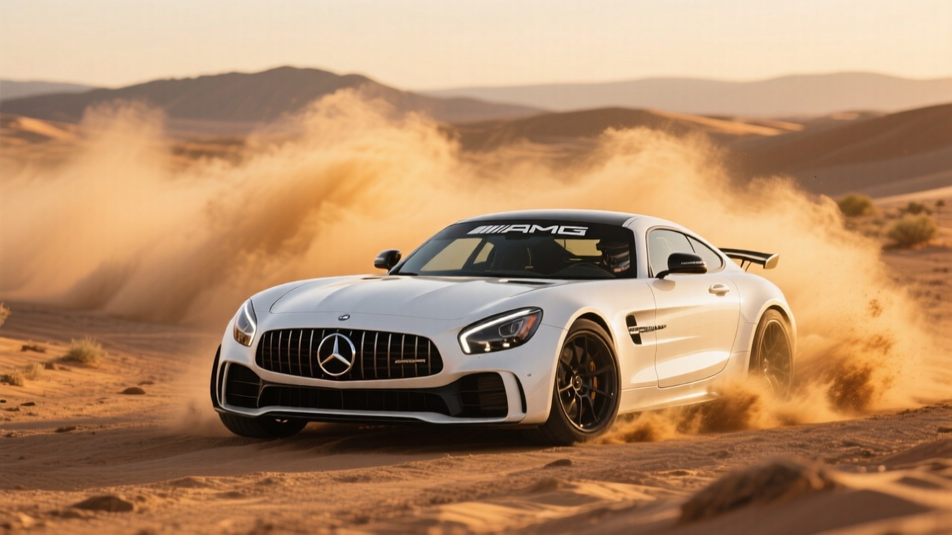 Белый Mercedes-AMG GT R дрифтует в пустыне в золотой час