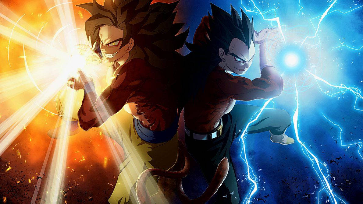 Dragon Ball Z Супер Саян Вегета, супер Броли создает молнии с синим огненным шаром.