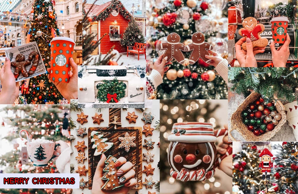 Рождественский коллаж для ноутбука с пряничным человечком Обои