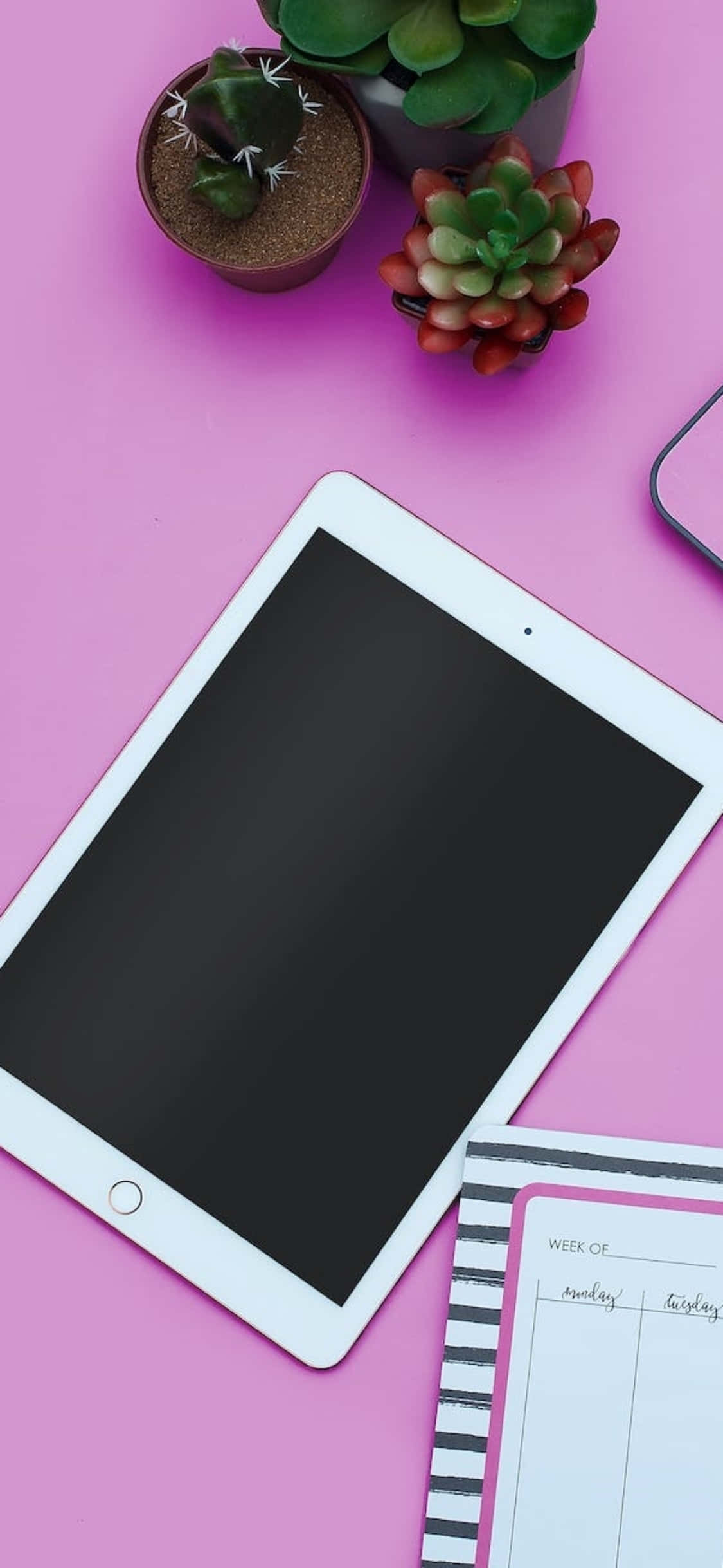 Розовый стол с iPad на фоне для iPhone X Обои