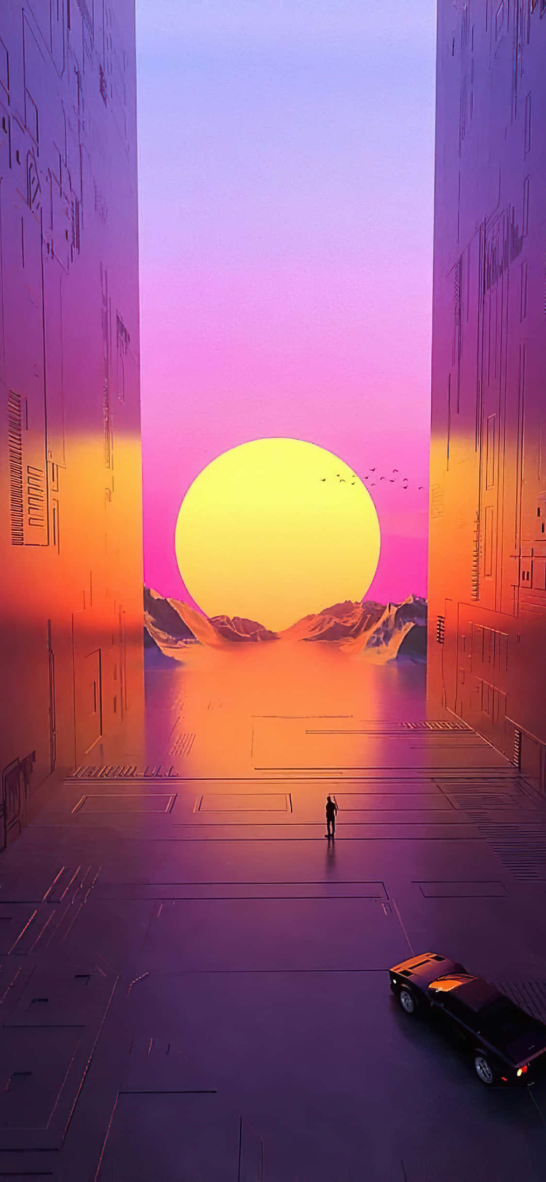Розовый футуристический закат в стиле Vaporwave, цифровой арт-фон Обои