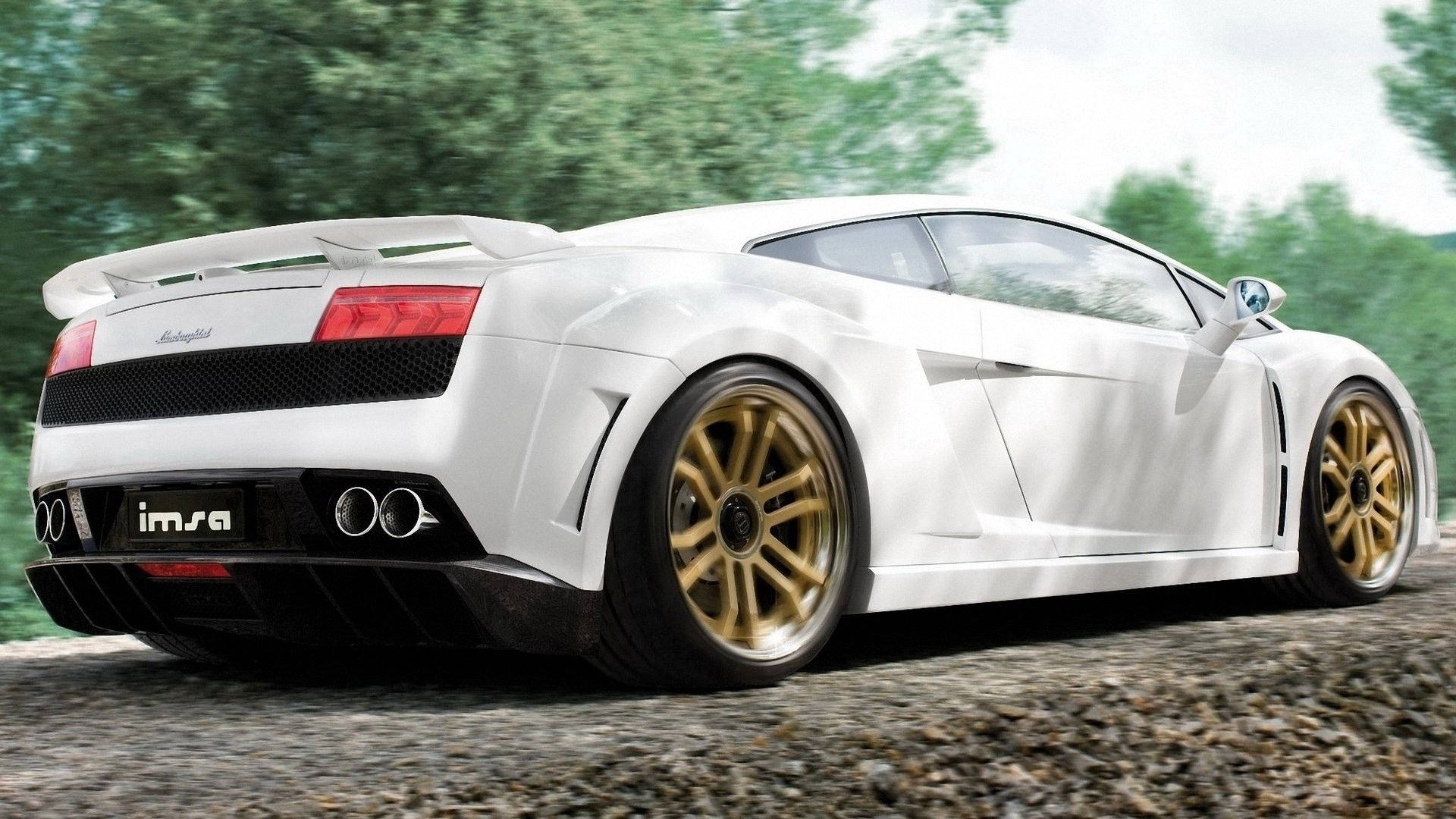 Обои с белым Lamborghini на дороге среди деревьев.