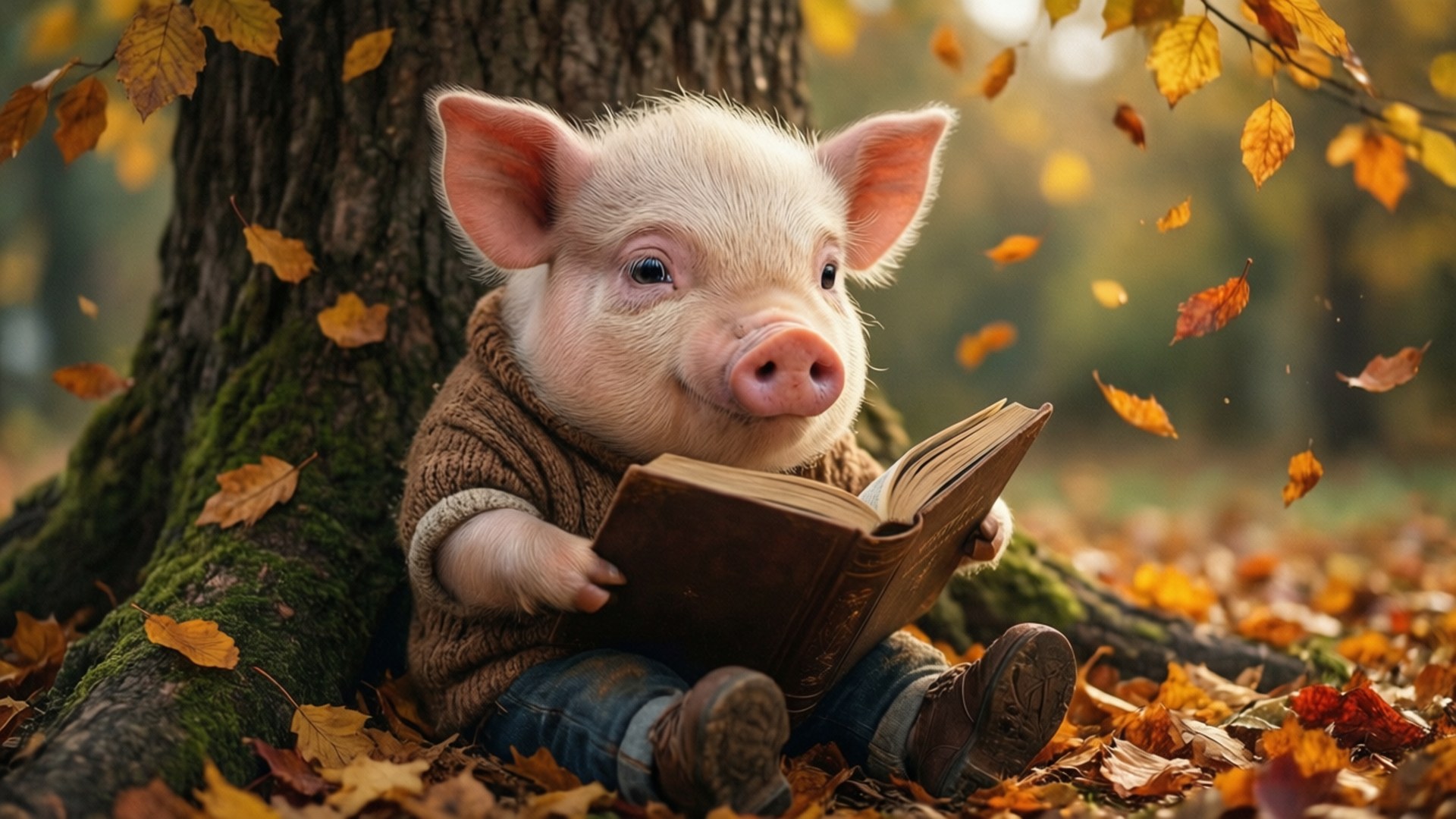 Свинья читает осенью Обои