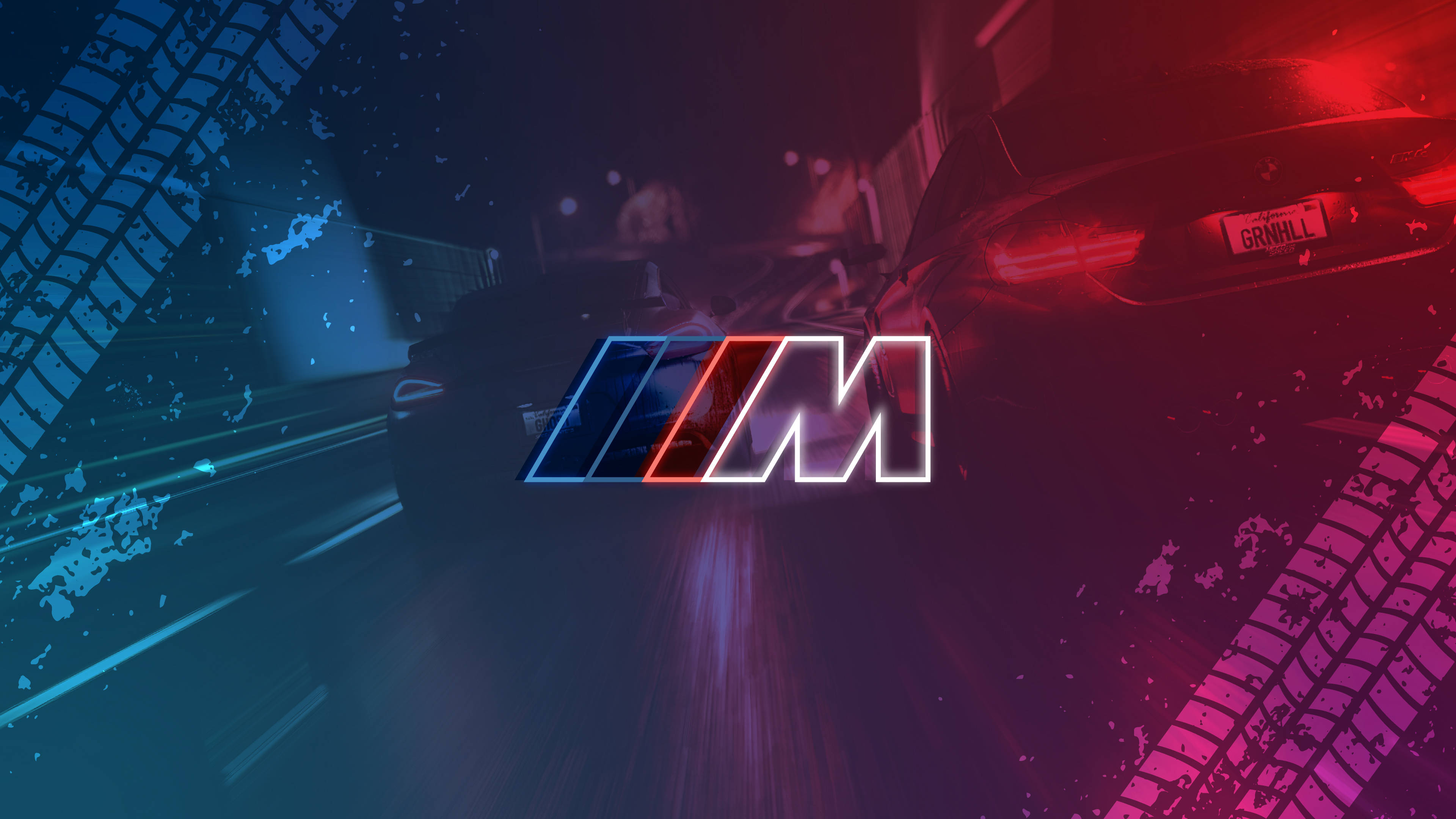 Следы шин автомобилей и логотип BMW M Обои