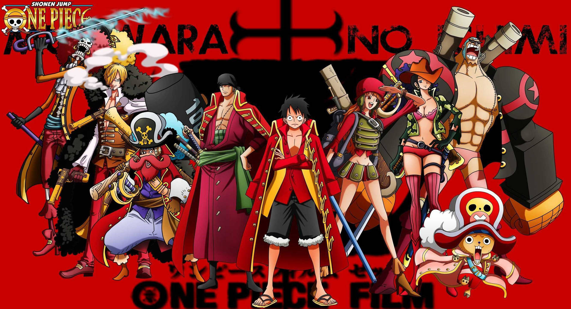 Луффи и Соломенные Пираты на красных и черных обоях One Piece.