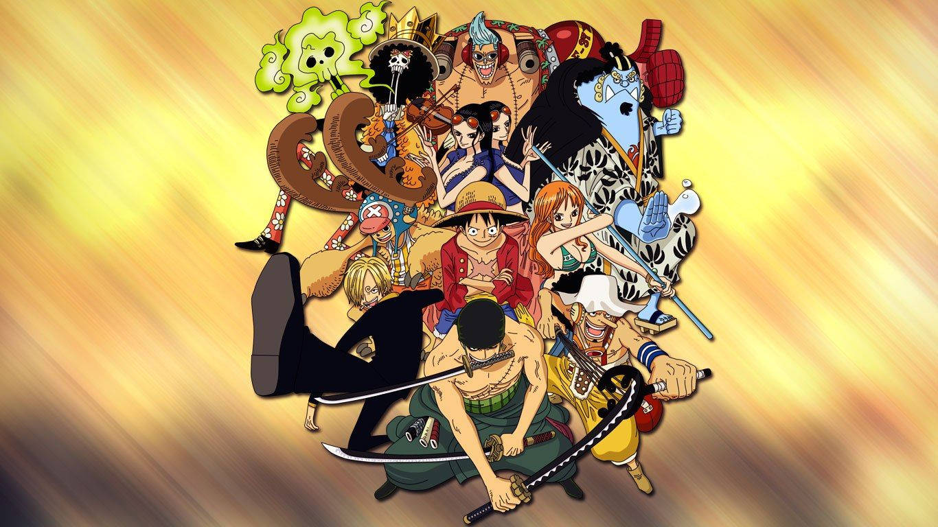 Обои One Piece с Соломенными Пиратами, собравшимися вместе.
