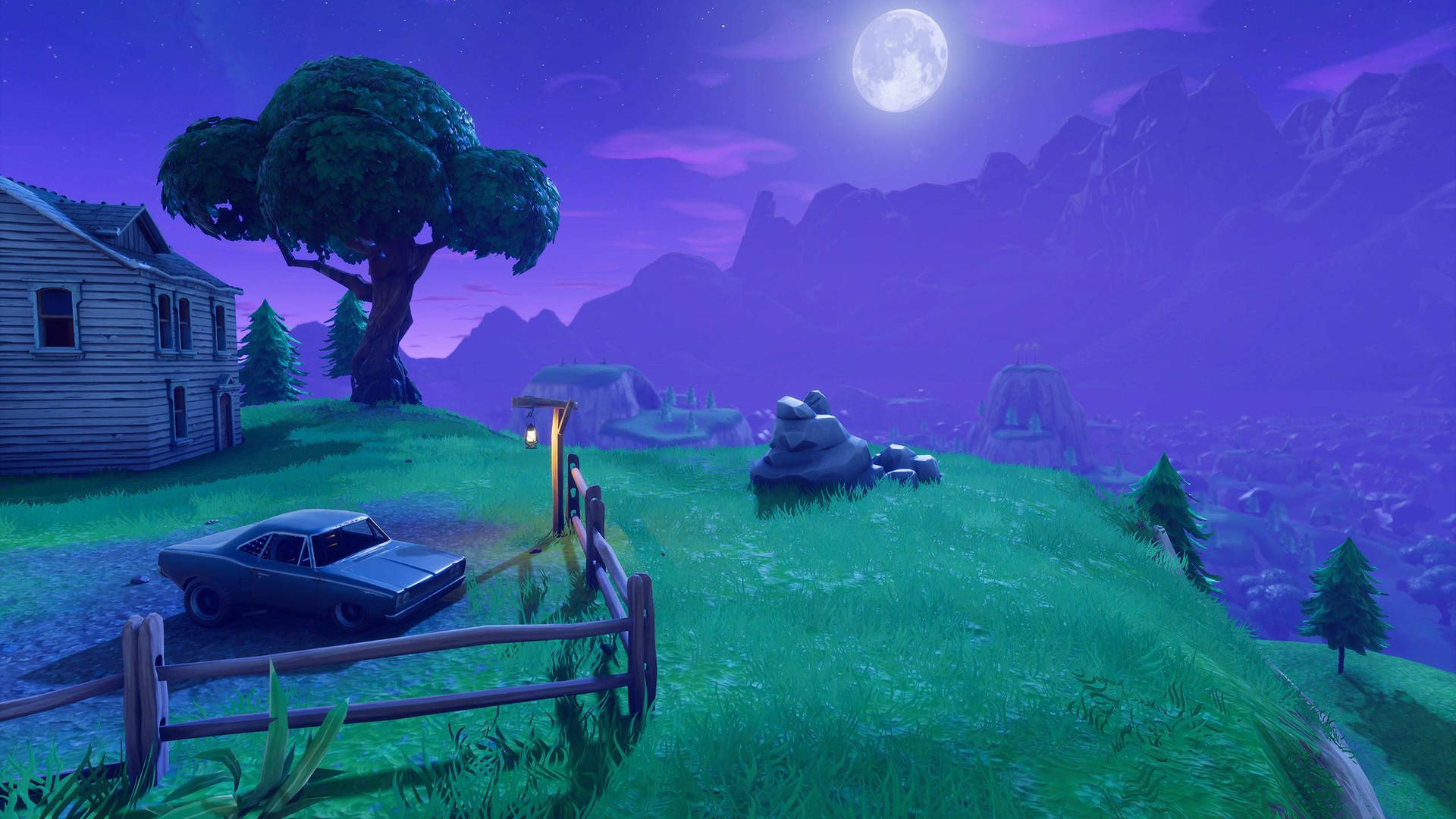 Обои HD: ночной и мирный вид с полной луной в Fortnite.