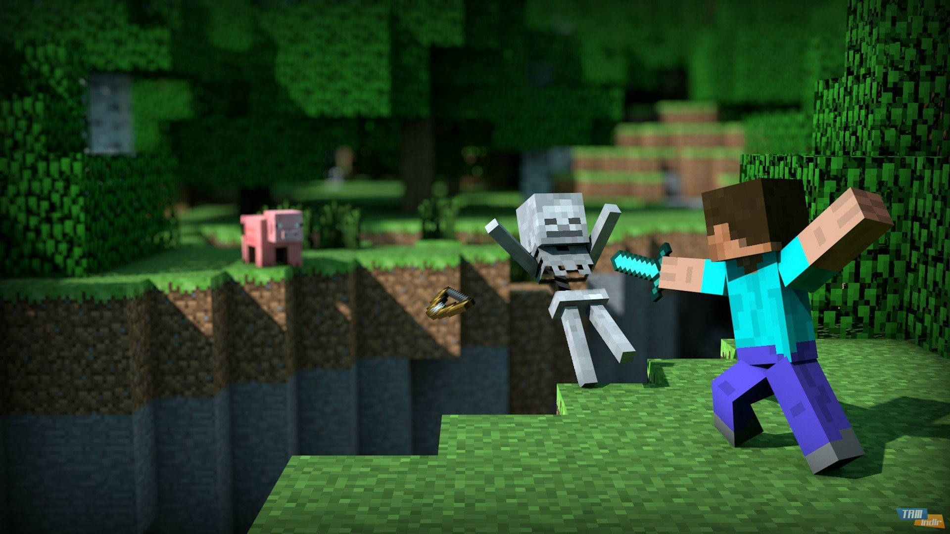 Стив сражается со скелетом Minecraft HD Обои