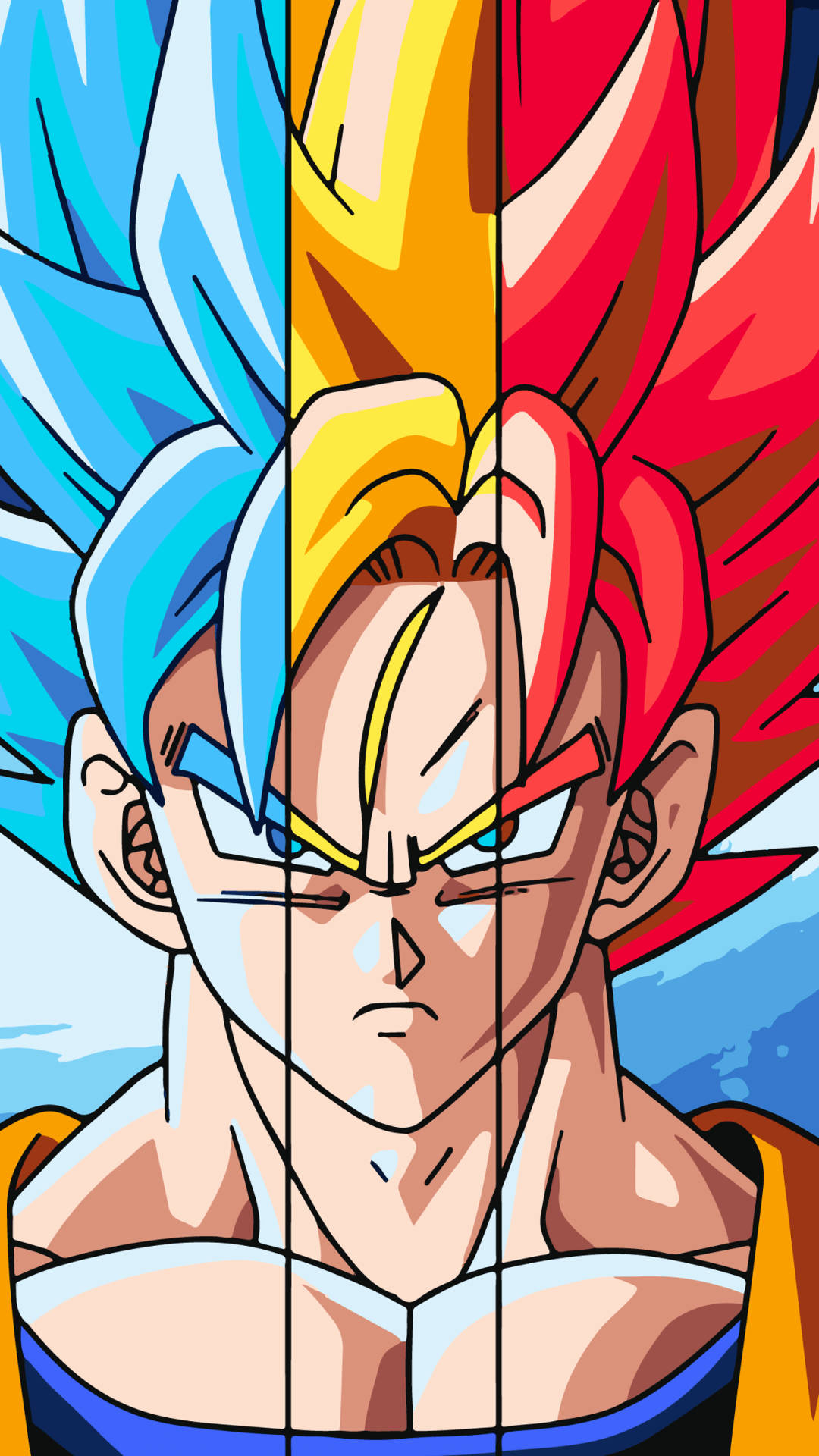 Dragon Ball Z супер бройли Сан Гоку с разноцветными волосами синего, желтого и красного цветов. Популярное аниме.