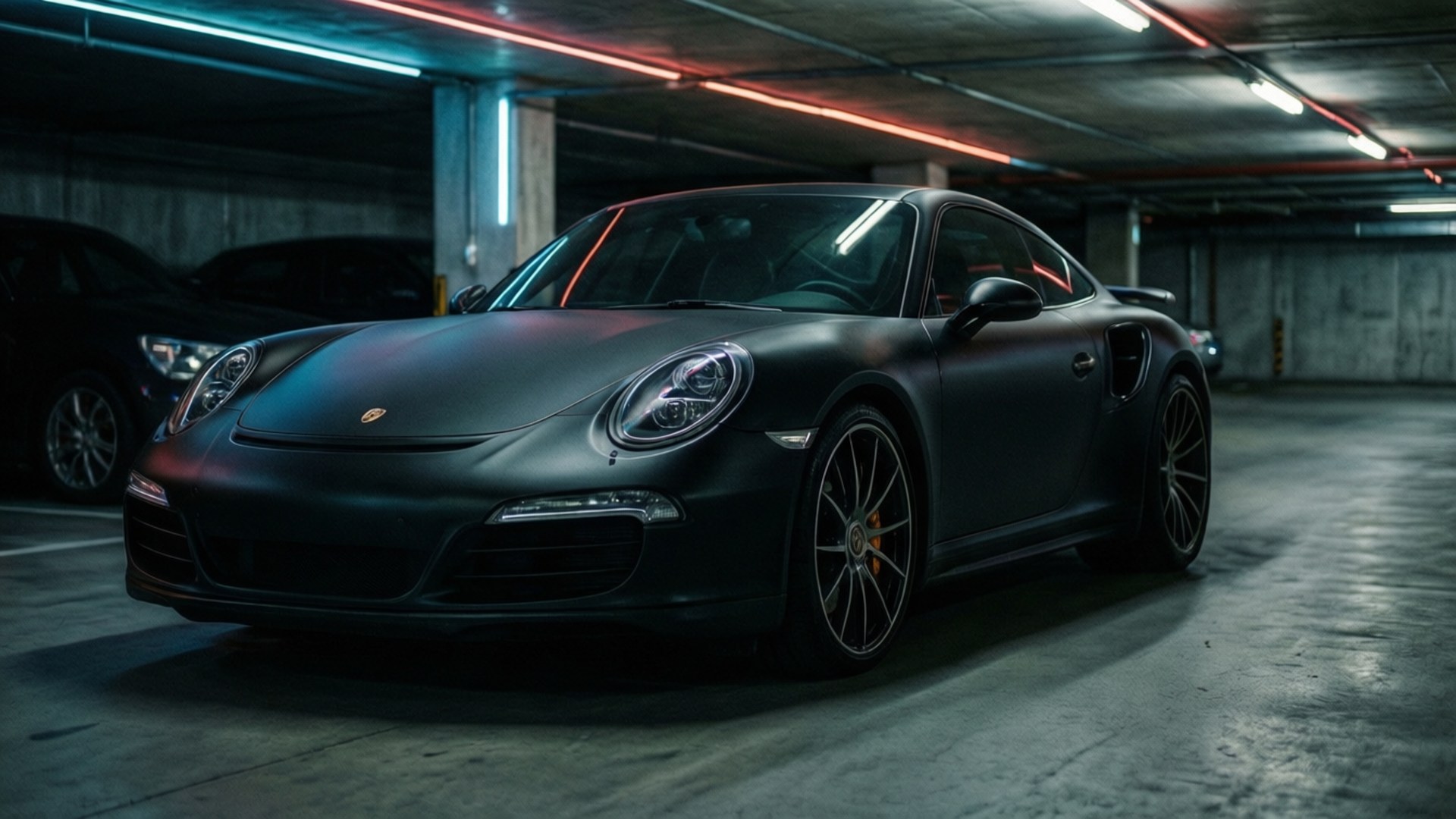 Матово-черный Porsche 911 Turbo S выделяется в мрачном подземном гараже с неоновыми отражениями.