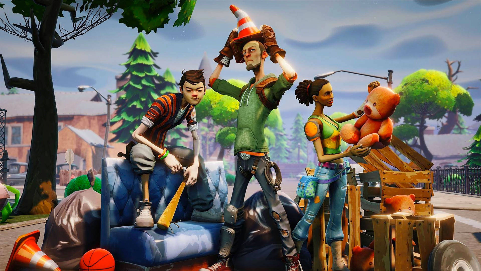 Три персонажа из Fortnite позируют на улице HD обои.