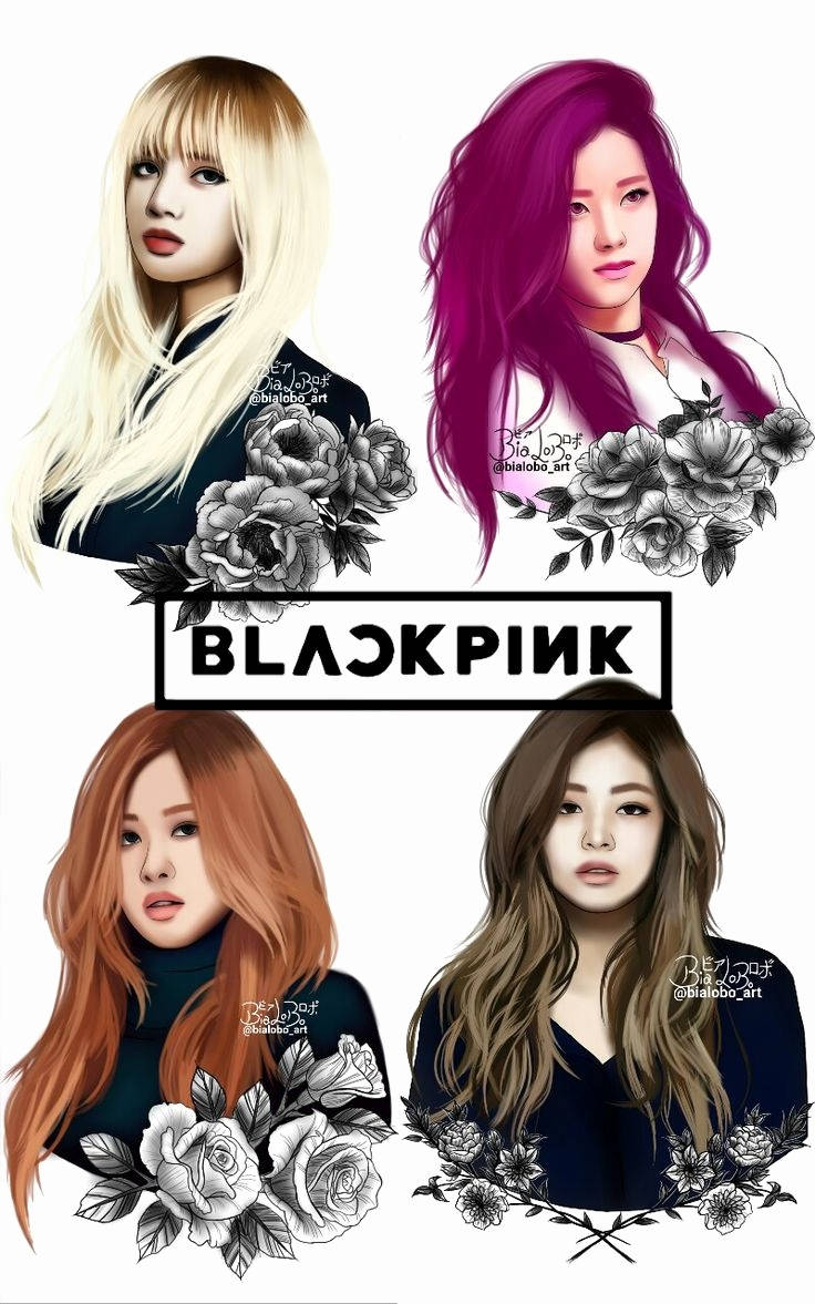 Обои с портретами участниц Blackpink в черно-белых цветах в стиле фан-арт