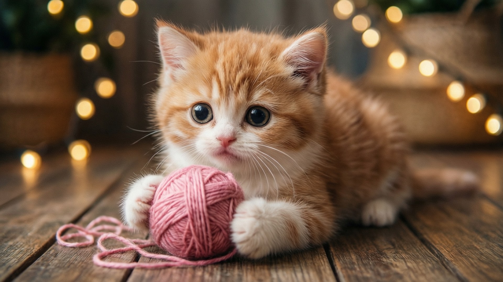 Уютный котенок с клубком ниток Обои
