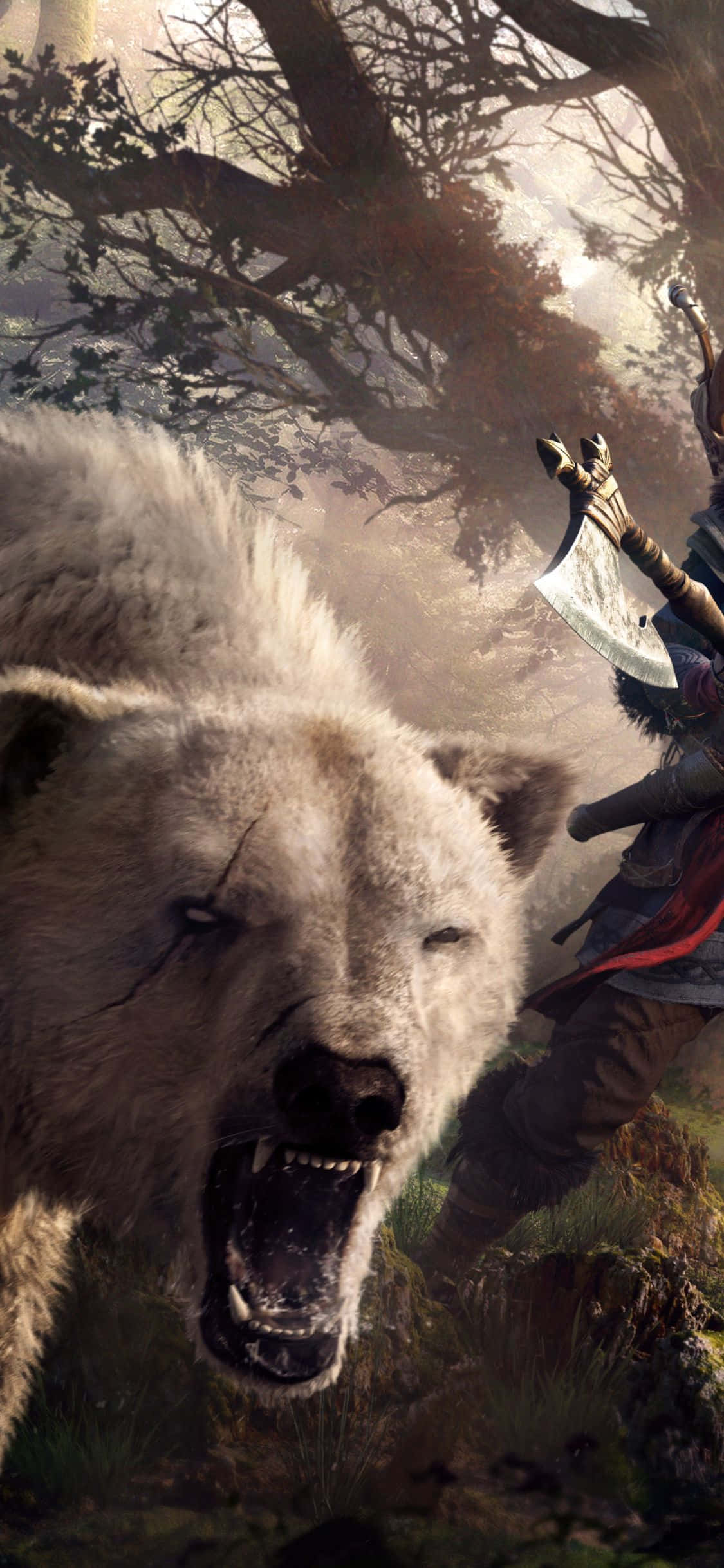 Фон Assassin's Creed Valhalla с рычащим белым медведем для iPhone XS Обои
