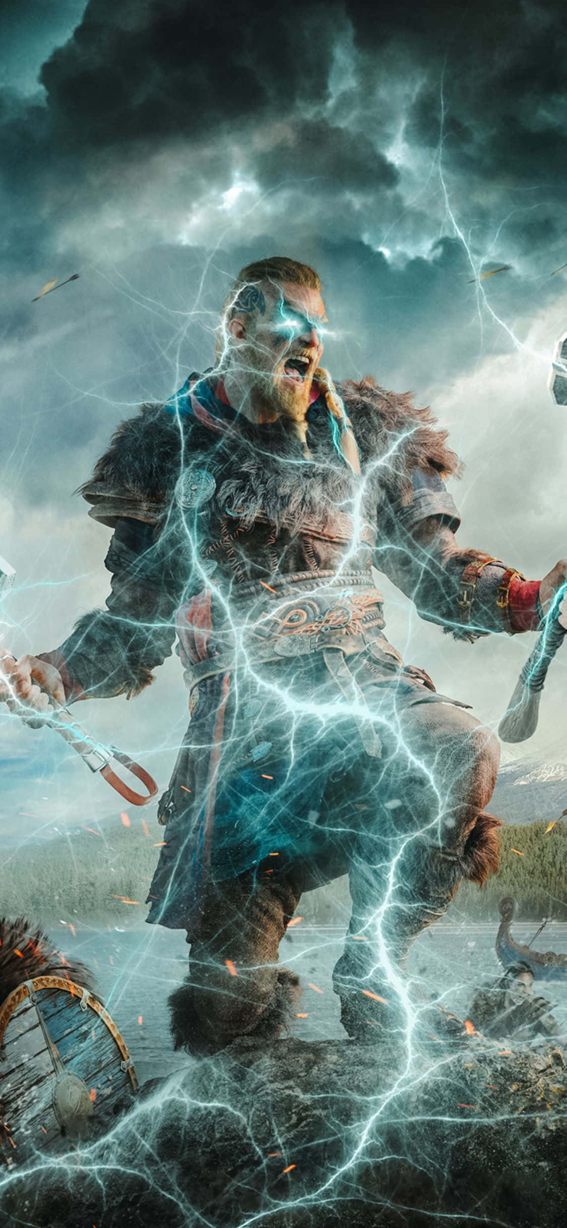Фон Assassin's Creed Valhalla с Эйвором и эффектом молнии для iPhone XS Обои