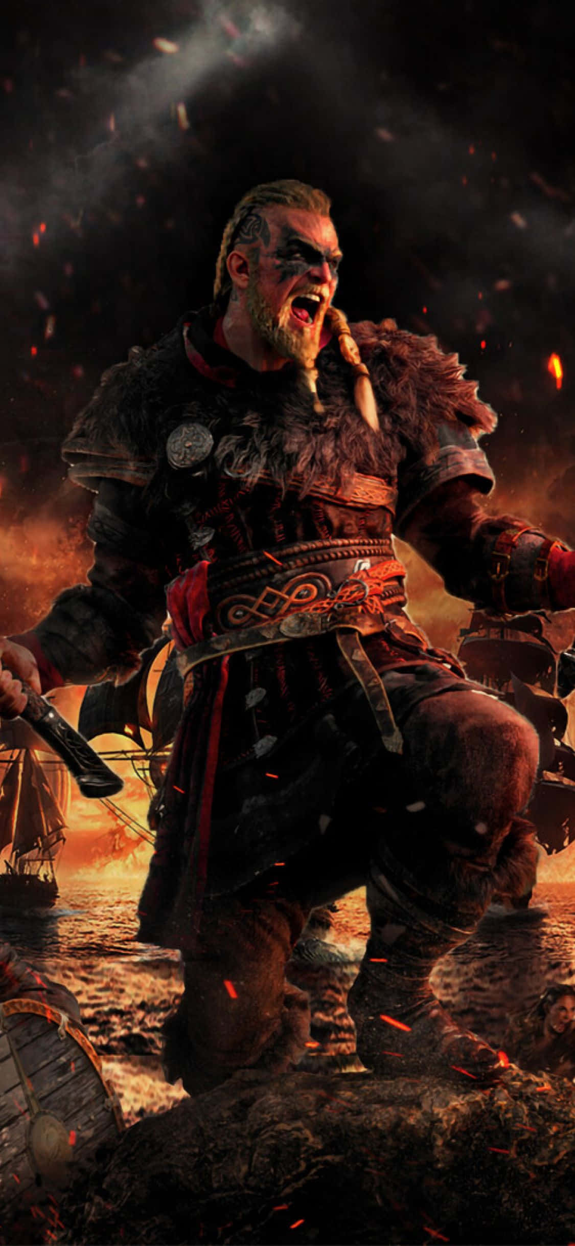 Фон Assassin's Creed Valhalla с кричащим Эйвором для iPhone XS Обои