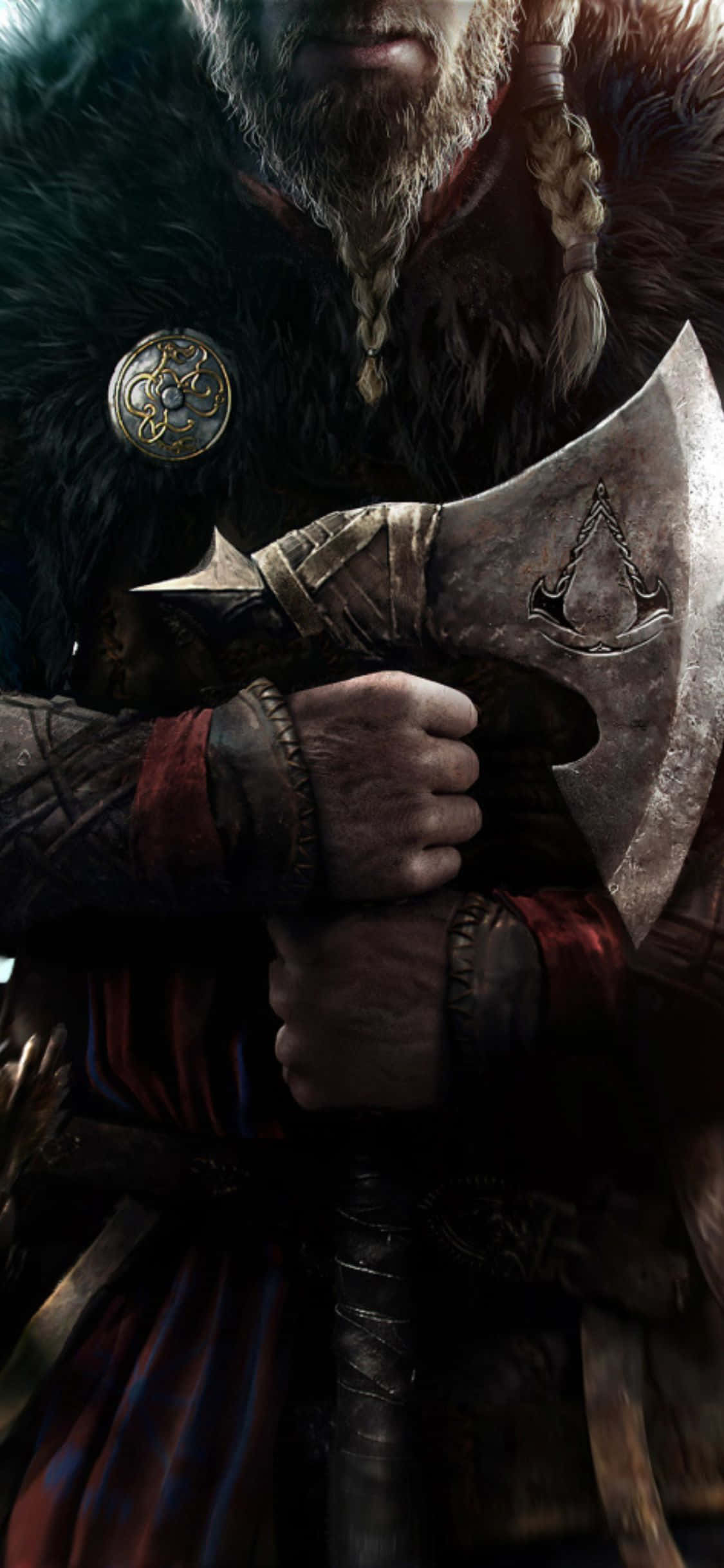Фон Assassin's Creed Valhalla с викингом, держащим топор, для iPhone XS Обои