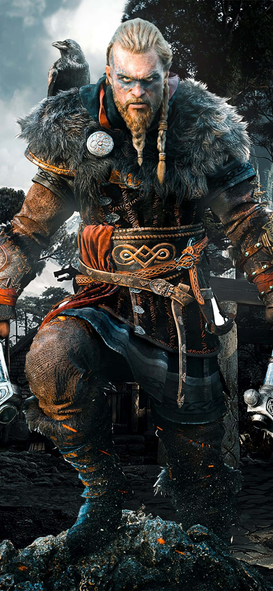 Фон для iPhone XS Assassin's Creed Valhalla с Эйвором, выходящим из моря Обои