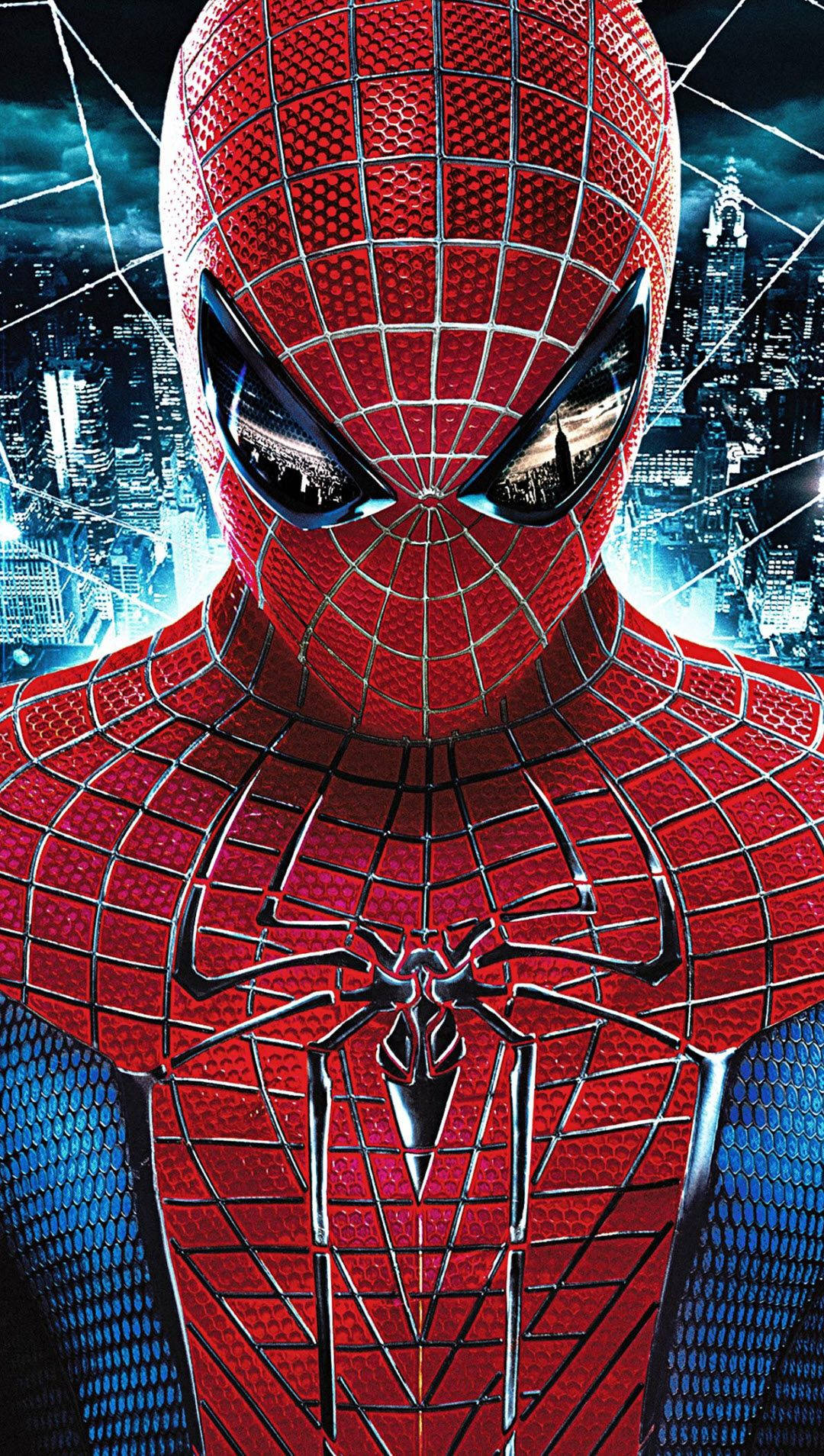 Человек-паук, супергерой Marvel, смотрит вниз на фоне синих молний