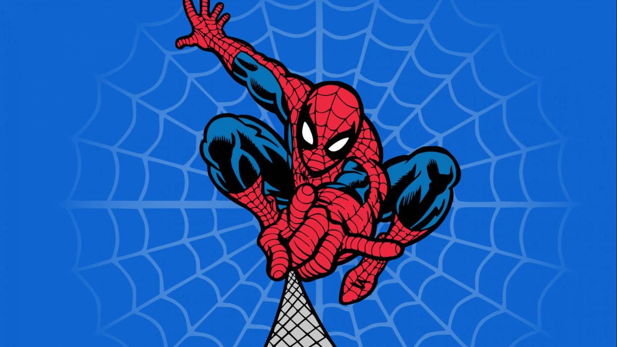 Человек-паук выпускает паутину на синем фоне, комиксы Marvel о супергероях