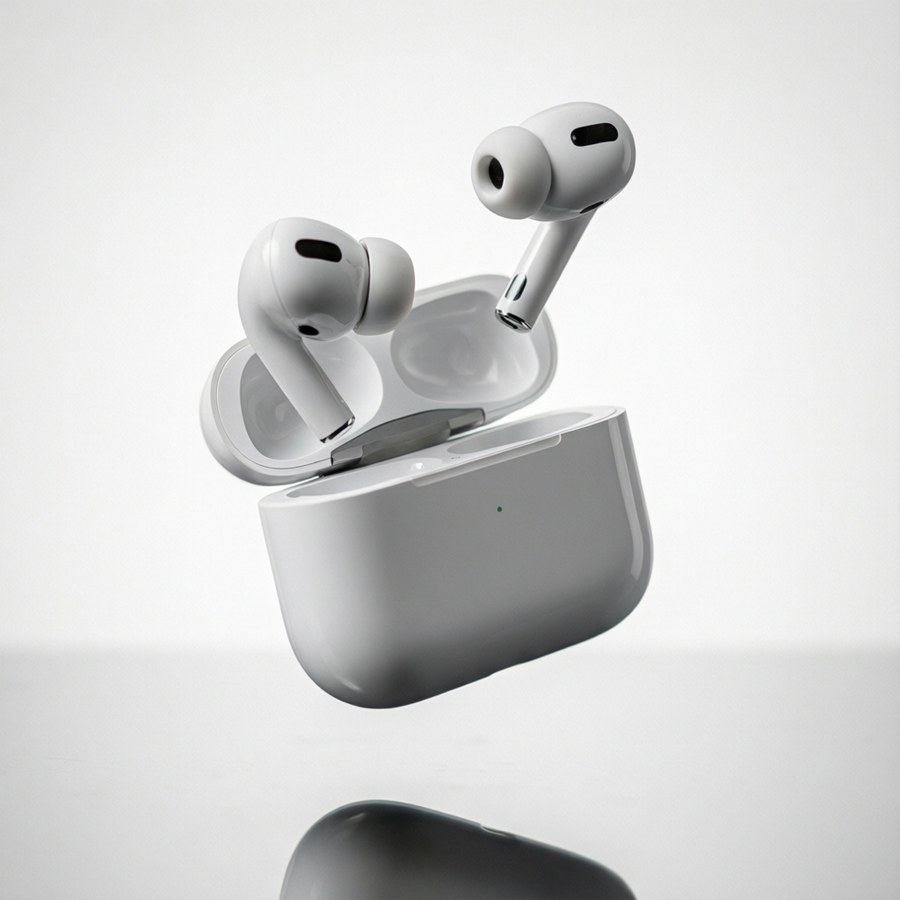 AirPods, парящие в воздухе, предметная съемка