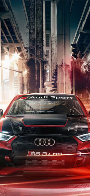 Audi Sportback на фоне ночного городского пейзажа — iPhone 12 mini Обои