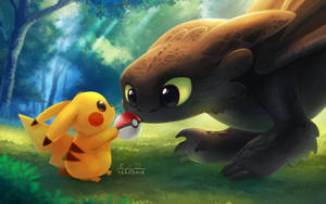 Crossover art of Toothless and Pikachu of Pokemon wallpaper.