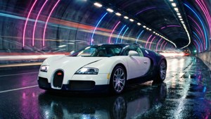 Обои Белый Bugatti Veyron мчится по неоновому туннелю со световыми полосами.