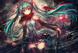Аниме-девушка и vocaloid Hatsune Miku с длинными синими волосами в хвостике обои