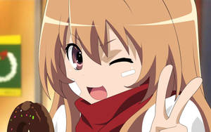Тайга Айсака из Toradora селфи с жестом мира обои