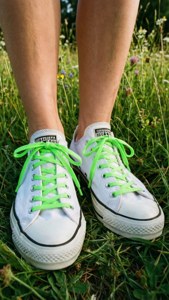 Белые кеды Converse с неоновыми шнурками на траве, летний повседневный стиль обои. — Летняя эстетика Обои